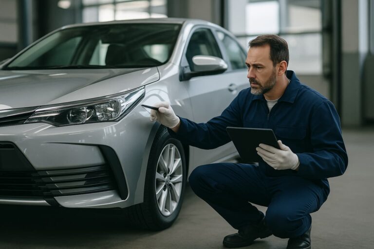 tecnico esperto che ispeziona una macchina per il servizio di acquisto auto a domicilio